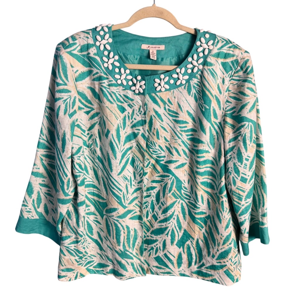 JM Collection Teal Tropical Leaf Print Linen Jacket Beaded Neckline Size 16 - Picture 2 of 7